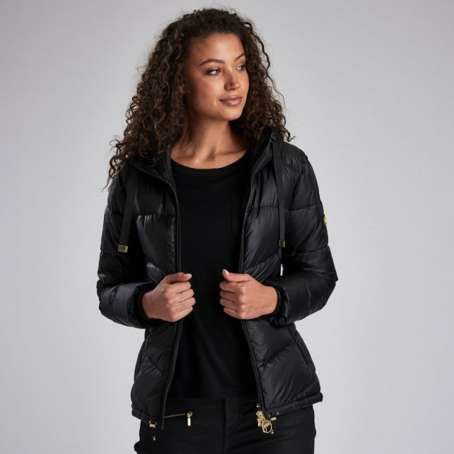 Womens Black Brace Hooded Quilted Jacket