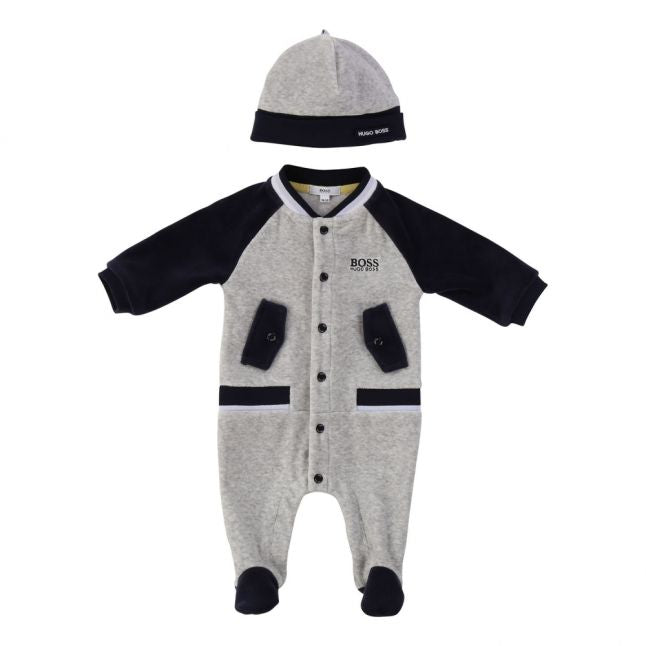 Baby Light Grey Marl Bomber Soft Babygrow & Hat Set