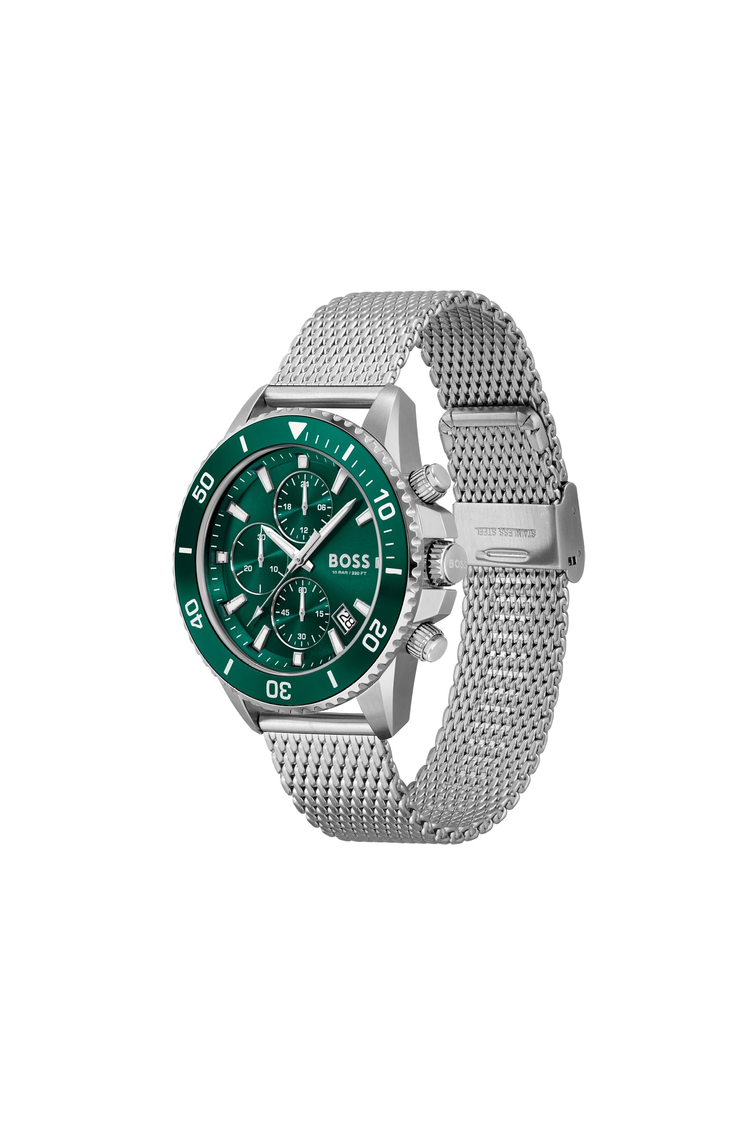 Mens BOSS Silver/Green Admiral Mesh Strap Watch