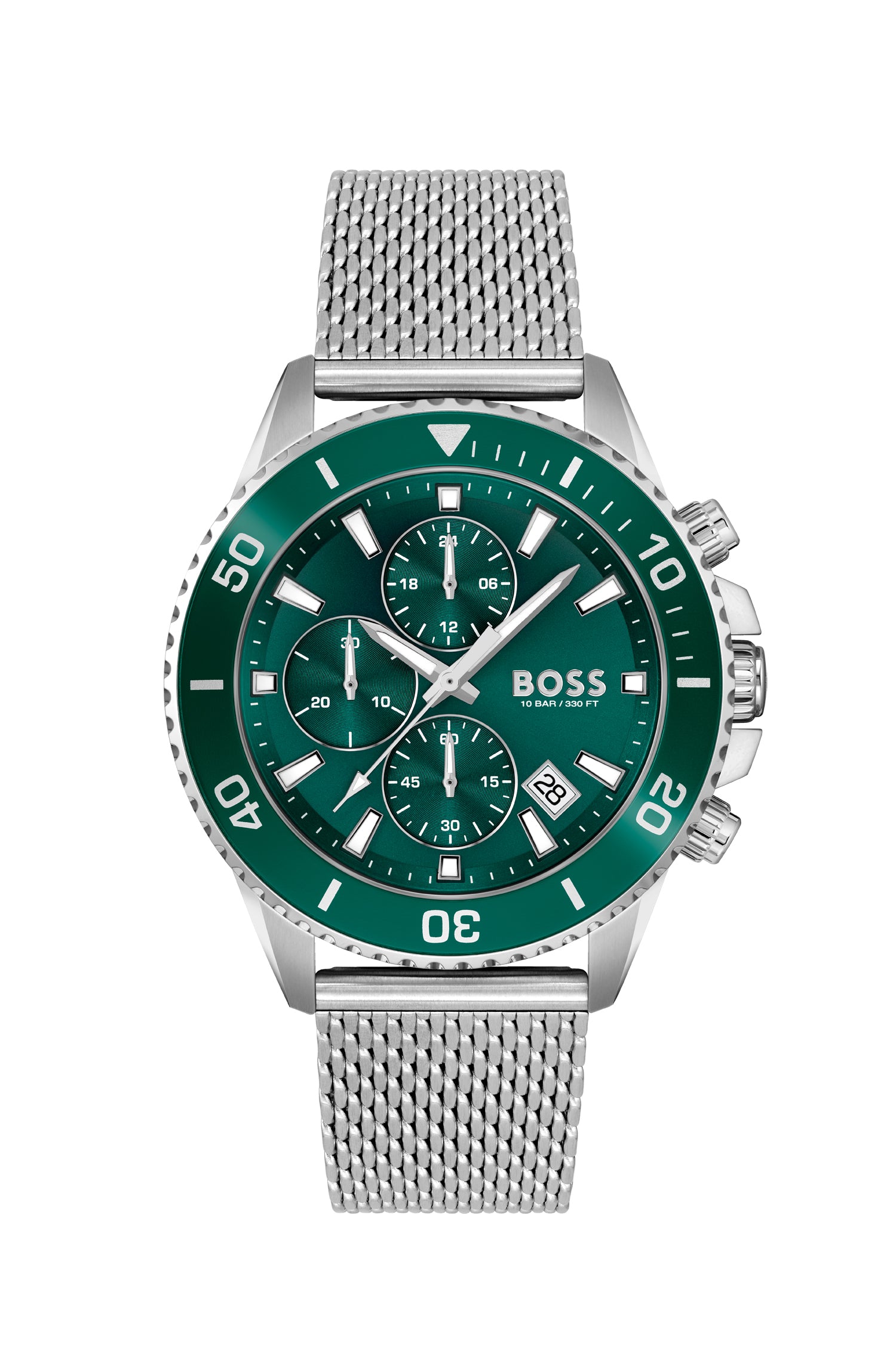 Mens BOSS Silver/Green Admiral Mesh Strap Watch