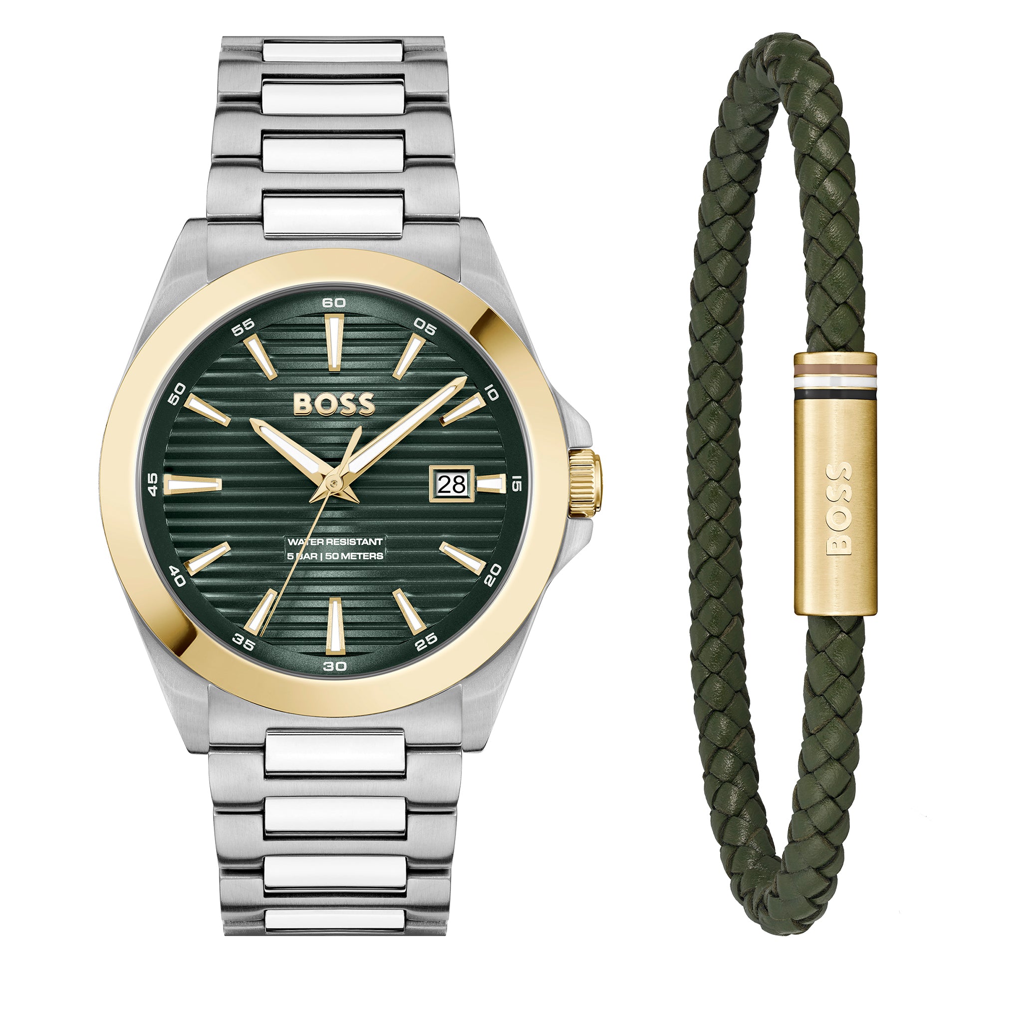 Mens BOSS Silver/Gold/Olive Strike Watch Gift Set