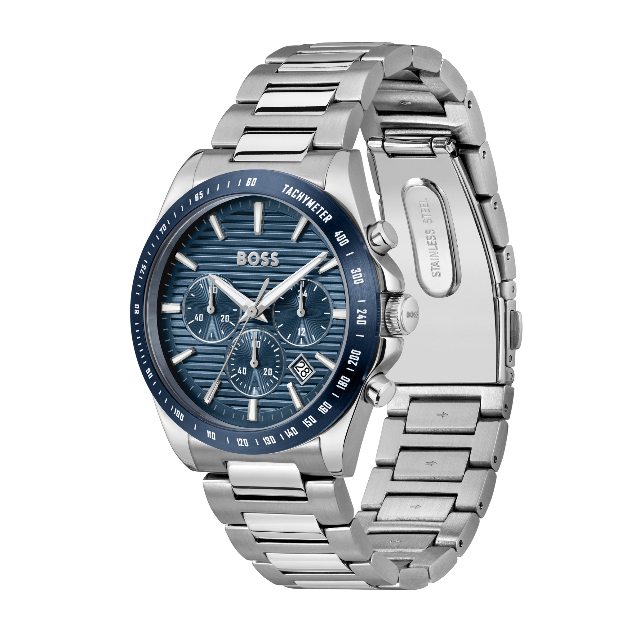 Mens BOSS Silver/Blue Strike Chrono Bracelet Watch