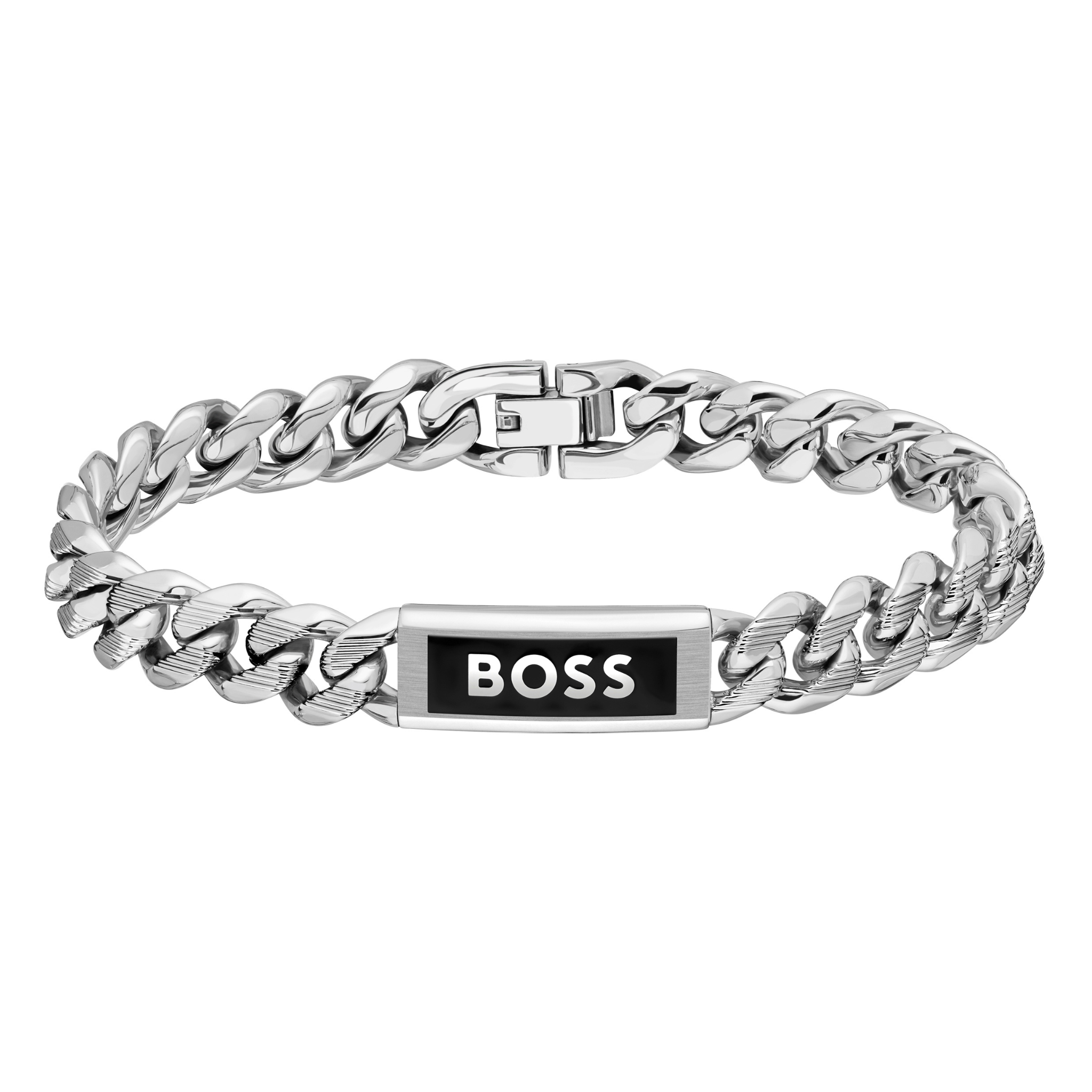 Mens BOSS Silver/Black Kassy Emblem Bracelet