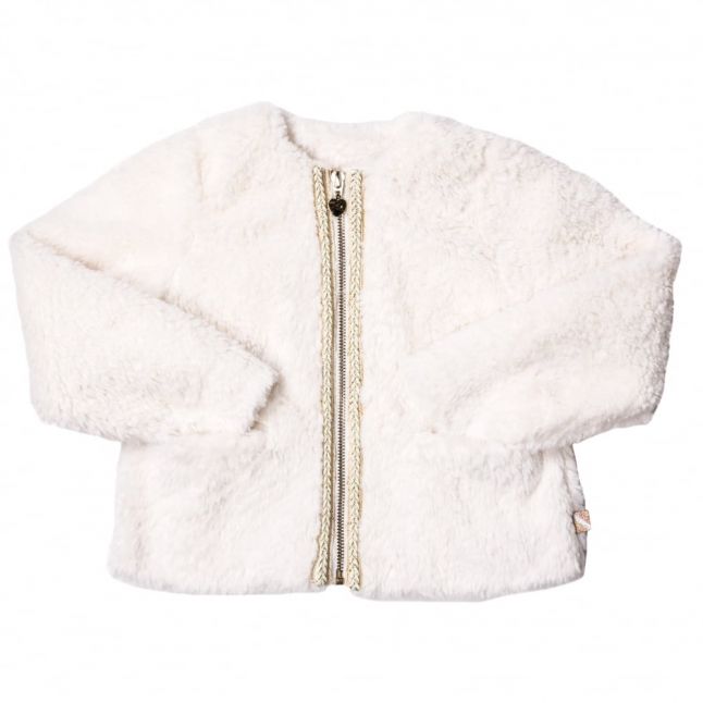 Girls White Embroidered Trim Faux Fur Zip Jacket