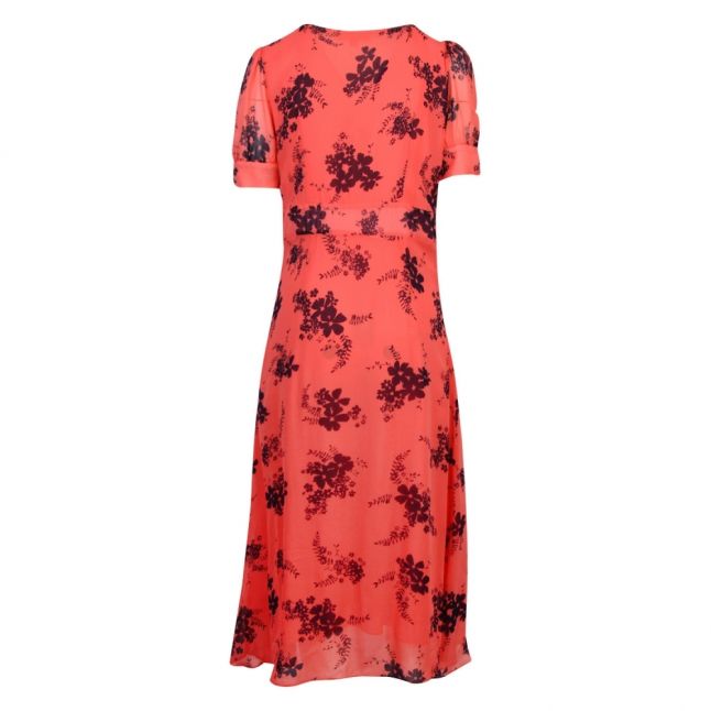 Womens Coral Peach Blooming Bouquet Print Midi Dress