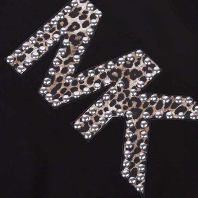 Womens Black Embellished Cheetah Logo Sweat Top