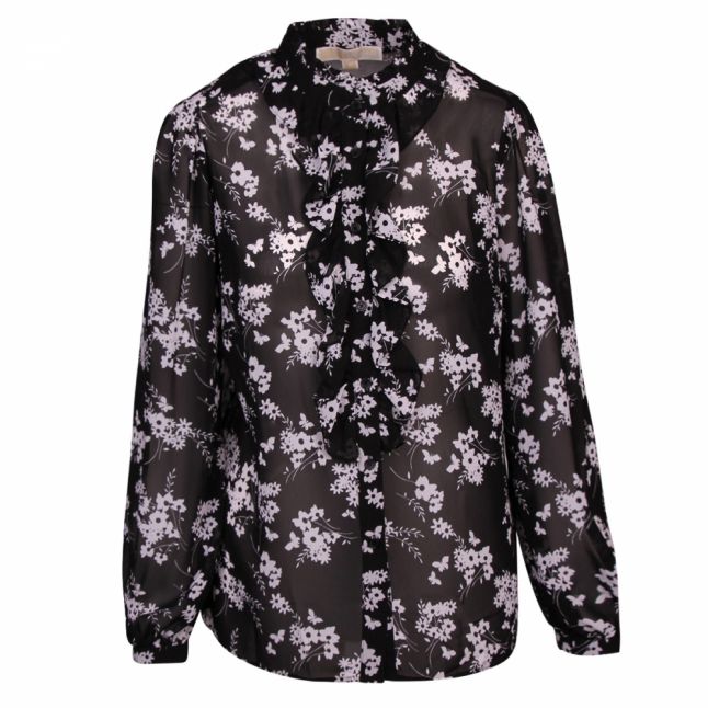 Womens Black Bold Botanical Ruffle Blouse