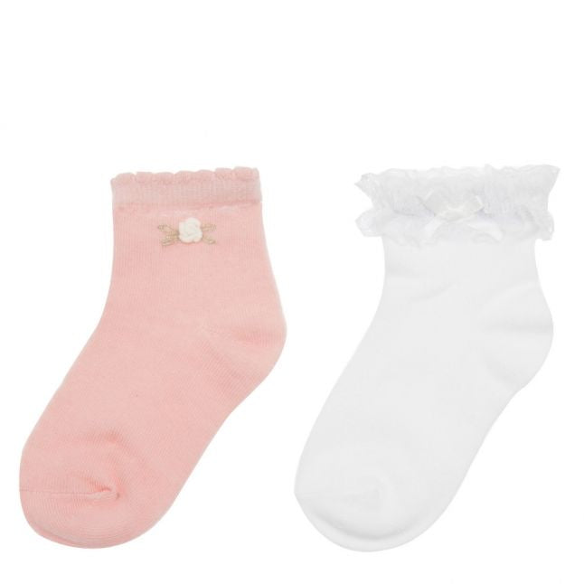 Girls Blush/White Frill & Flowers 2 Pack Socks