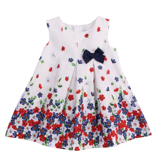 Infant White/Navy Floral Bow Dress