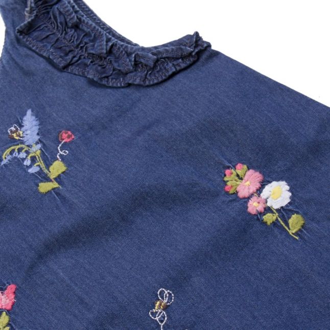 Girls Blue Embroidered Denim Dress