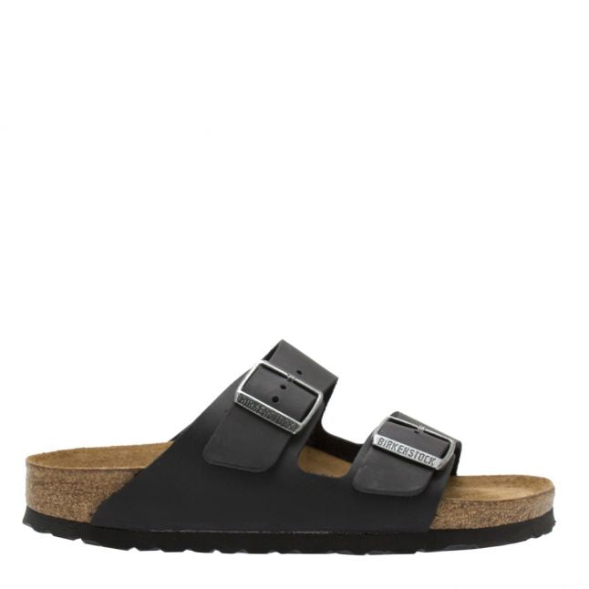 Womens Black Oiled Leather Arizona Slide Sandals