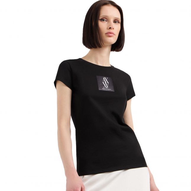 Womens Black Satin Patch S/s T Shirt