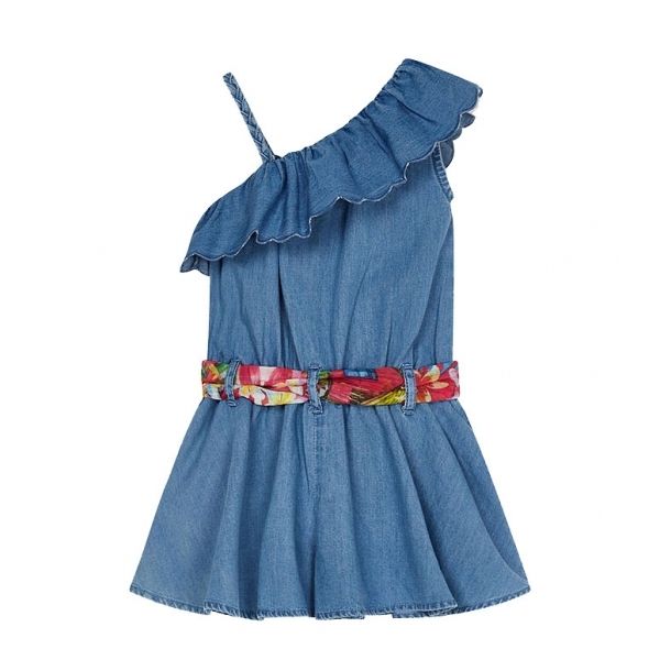 Girls Light Blue Frill Denim Playsuit