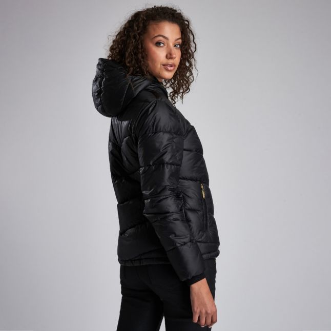 Womens Black Brace Hooded Quilted Jacket