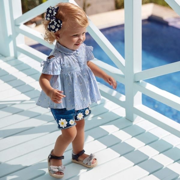 Infant Dark Blue Embroidered Daisy Denim Shorts