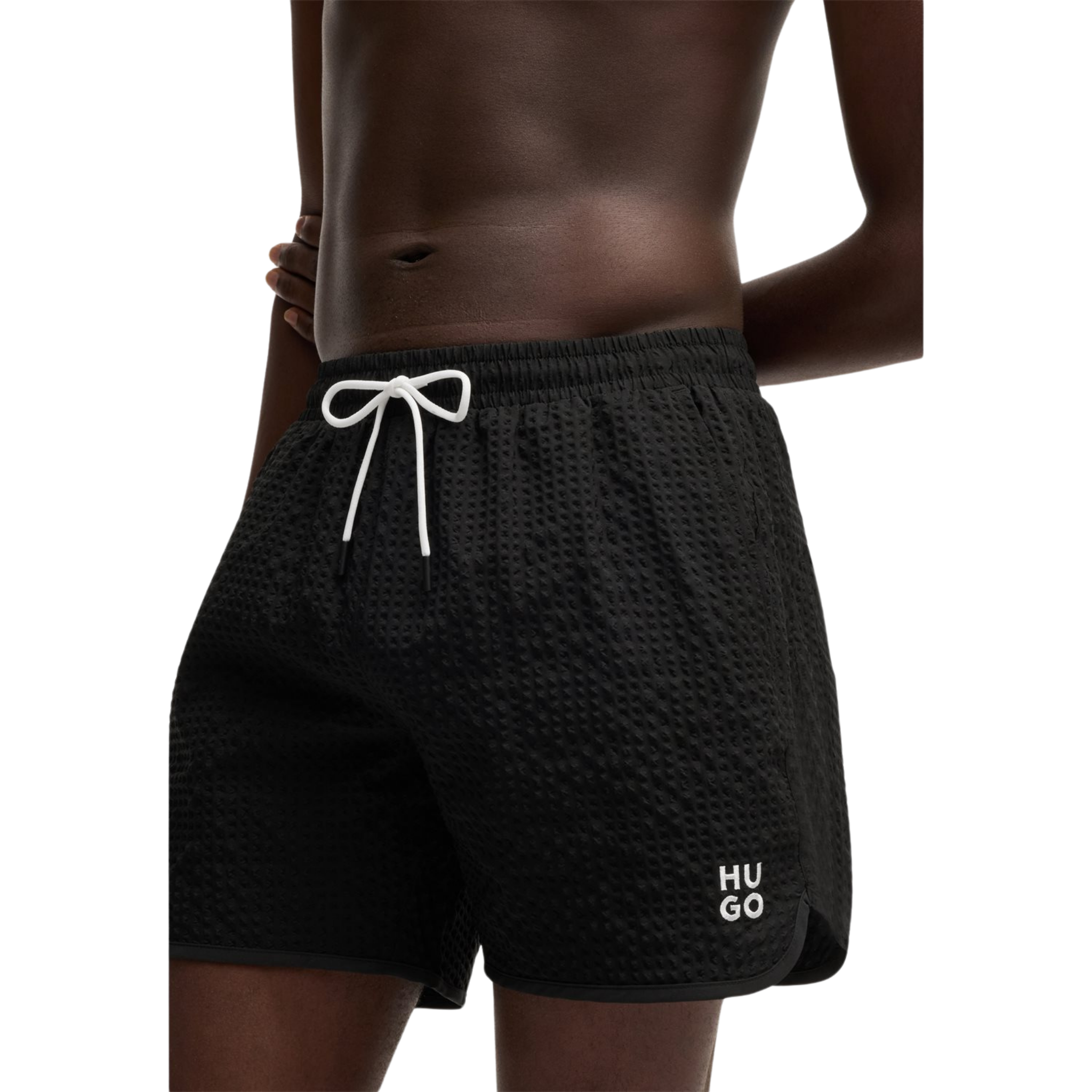 Mens HUGO Black Chaffle Texture Swim Shorts