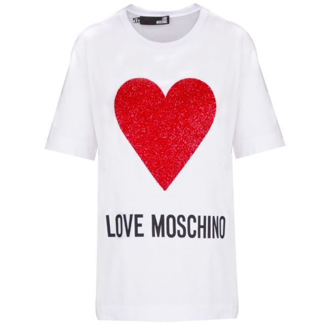 Womens Optical White Glitter Heart S/s T Shirt