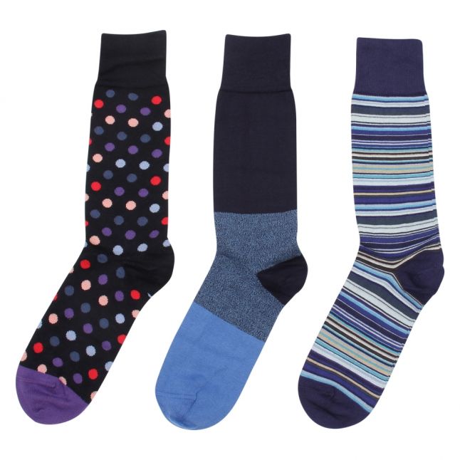 Mens Navy Stripe & Spots 3 Pack Socks