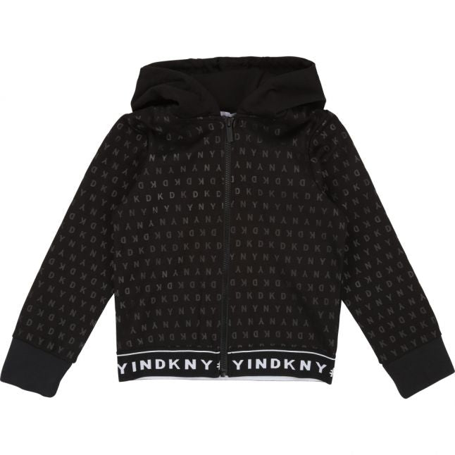 Girls Black Logo Print Hooded Zip Through Sweat Jacket