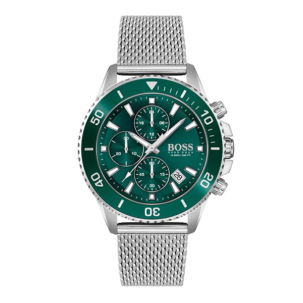 Mens BOSS Silver/Green Admiral Mesh Strap Watch