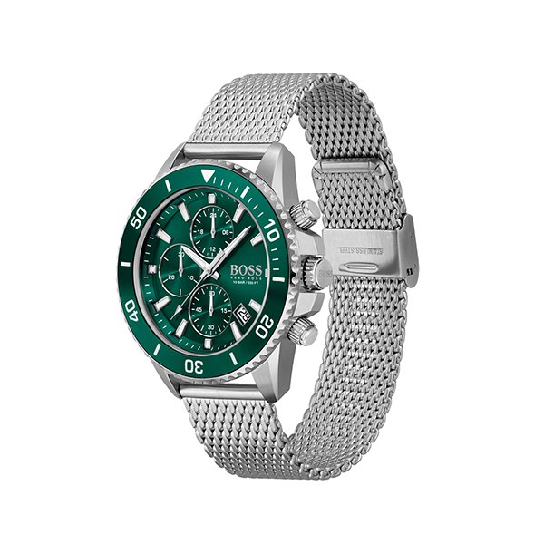 Mens BOSS Silver/Green Admiral Mesh Strap Watch