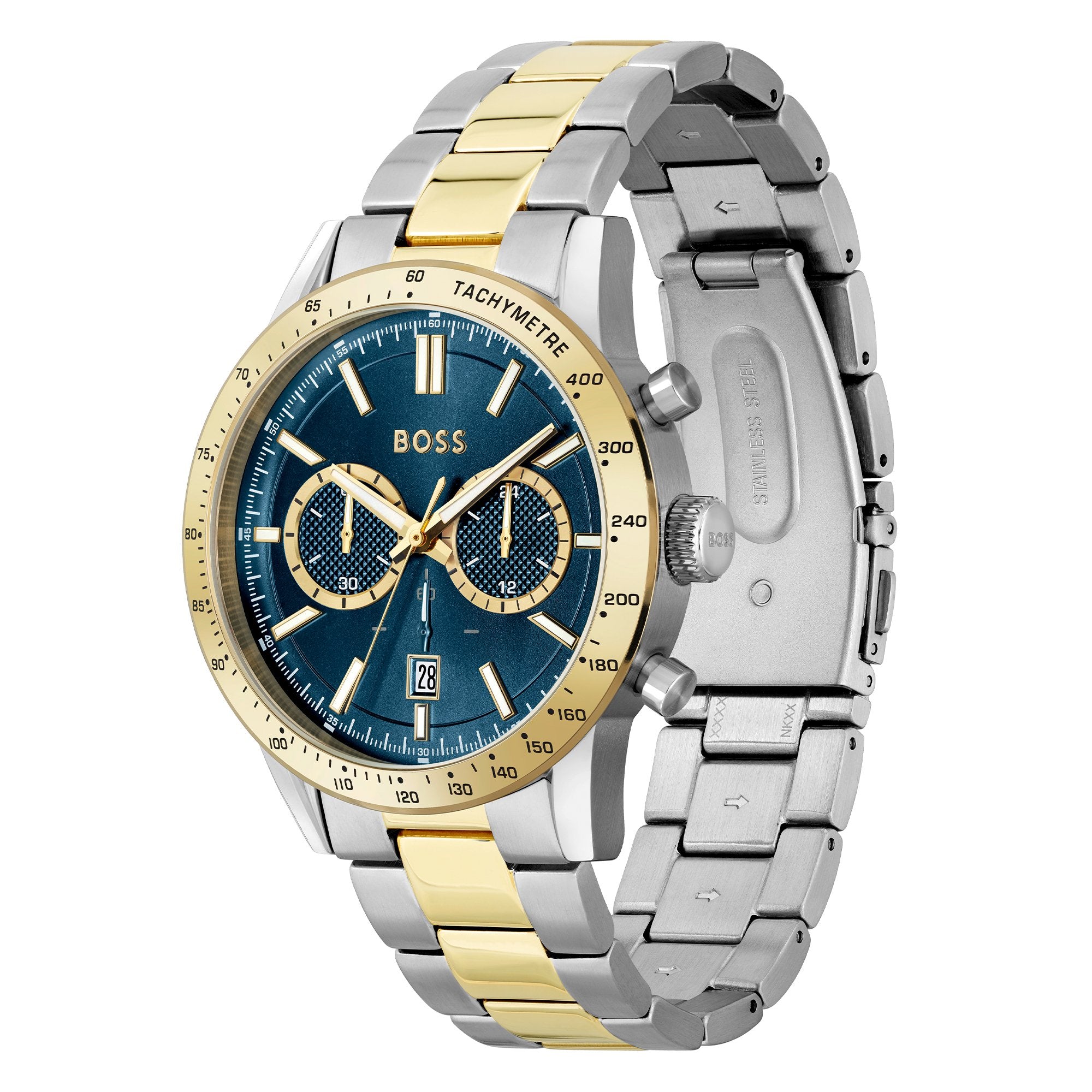 Mens BOSS Silver/Gold/Blue Allure Bracelet Strap Watch