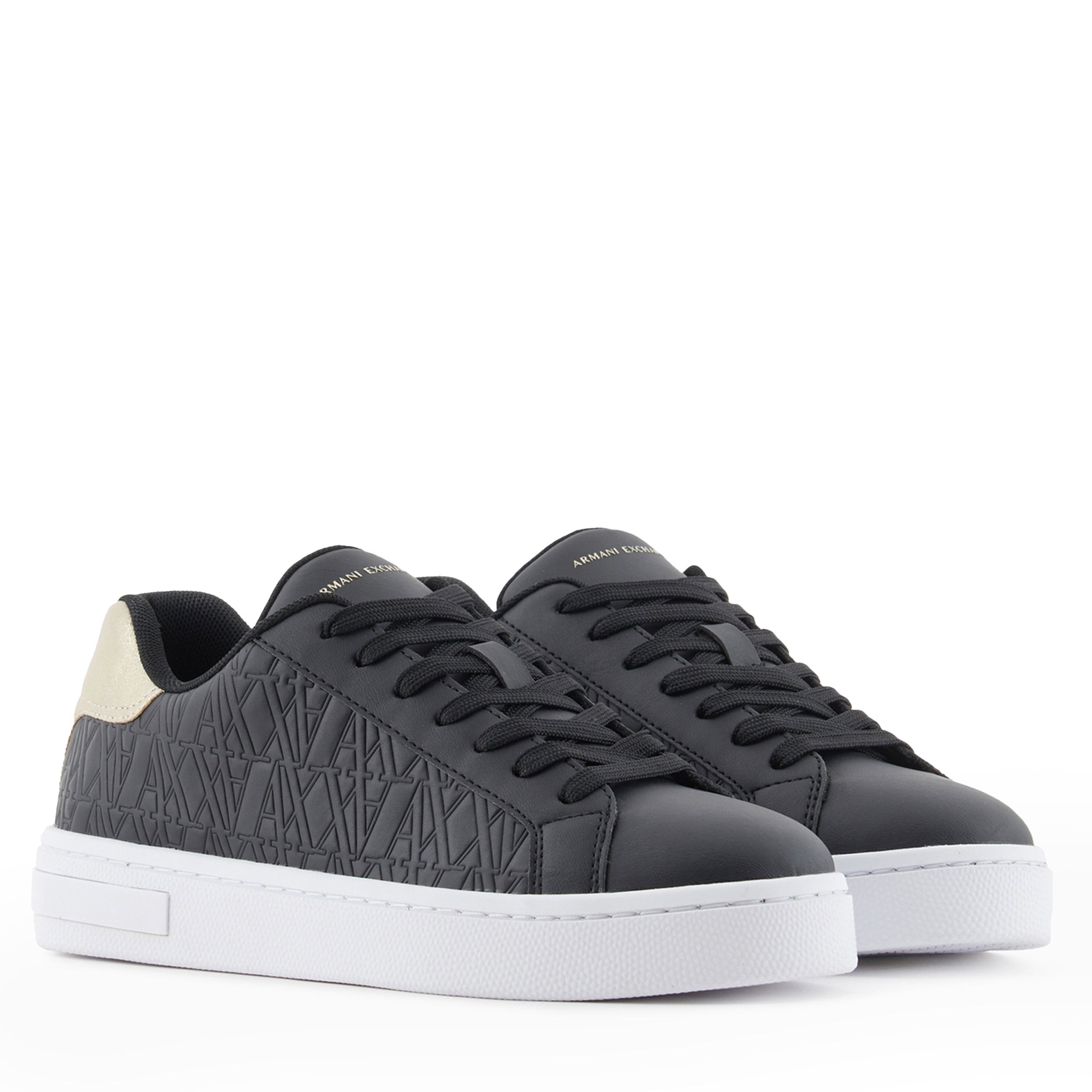 Armani Exchange Black Gold Embossed Logo Trainers Hurleys