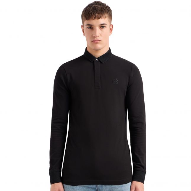 Mens Black Branded L/s Polo Shirt