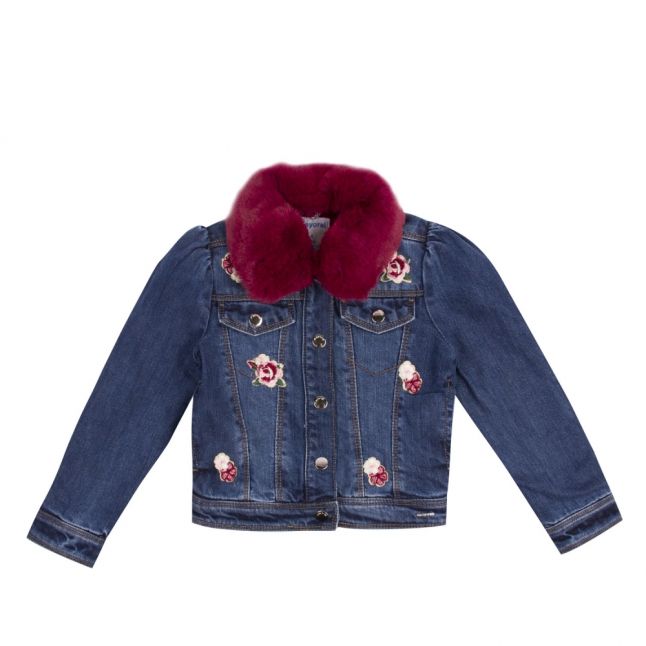 Girls Dark Blue Faux Fur Collar Denim Jacket