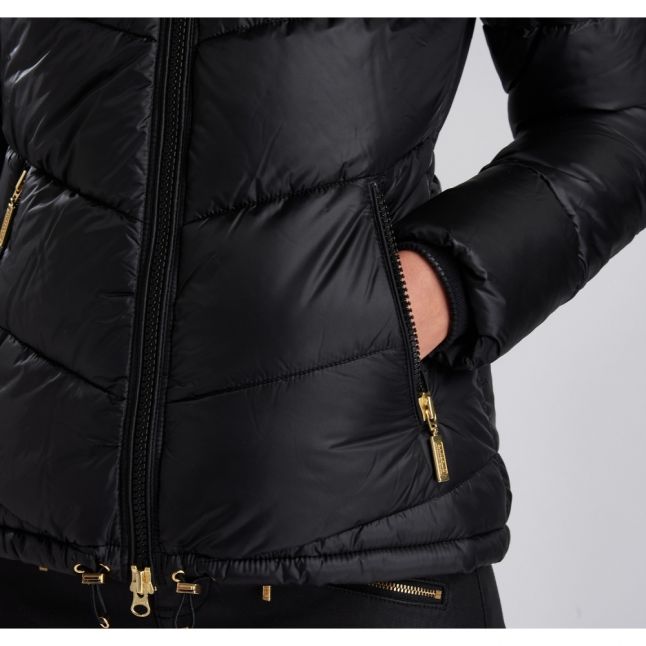 Womens Black Brace Hooded Quilted Jacket