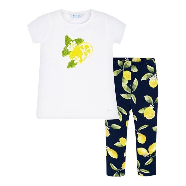 Girls White Lemon Sequin Lemon Top & Leggings Set