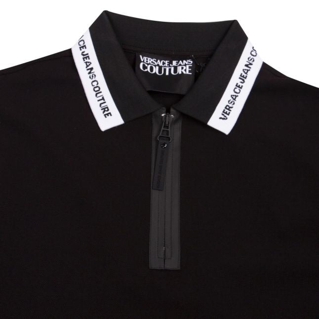 Mens Black Branded Collar Zip Slim Fit S/s Polo Shirt