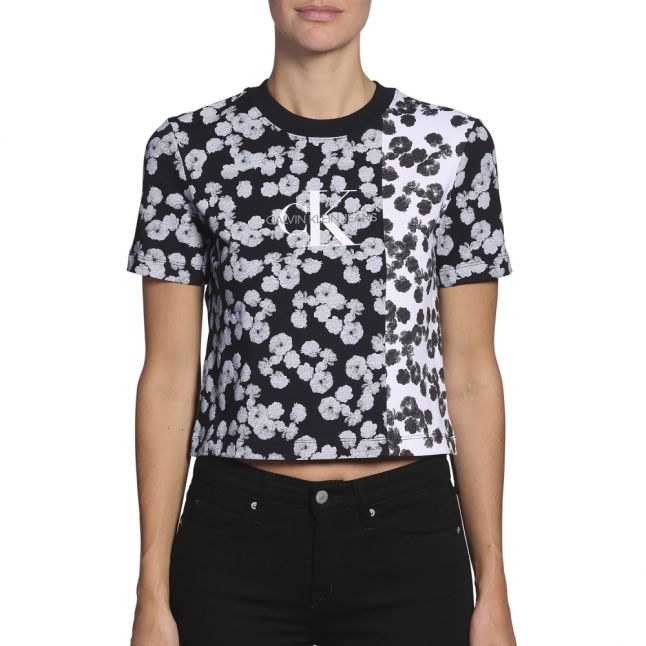 Womens Black Peony Floral Blocking Straight S/s T Shirt