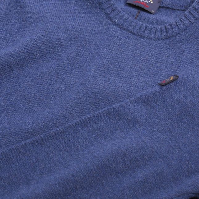 Mens Blue Lambswool Crew Neck Knitted Jumper