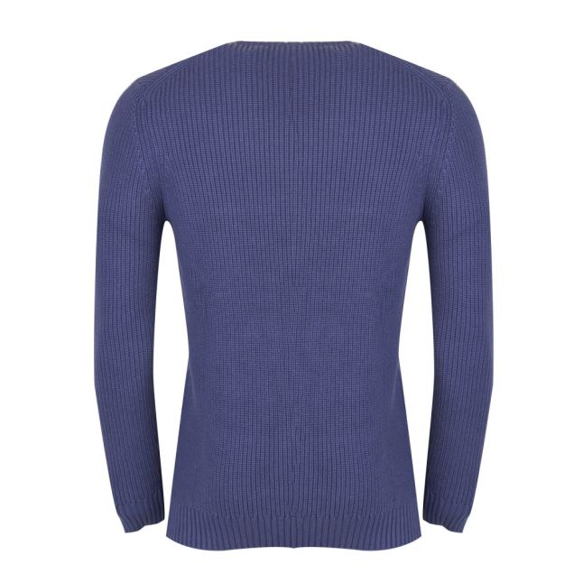 Mens Indigo Blue Ribbed Crew Knitted Jumper