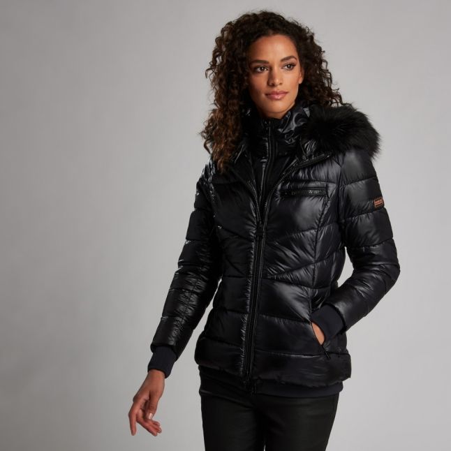 Womens Black Premium Strike Hooded Quilted Jacket