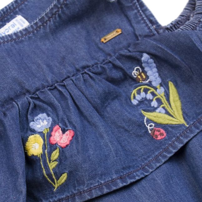 Girls Blue Embroidered Denim Playsuit