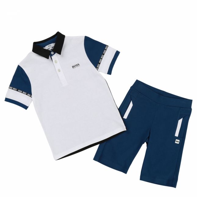 Boys Blue/White Branded Polo & Sweat Shorts Set