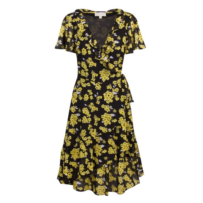 Womens Black/Yellow Glam Fleur Wrap Dress