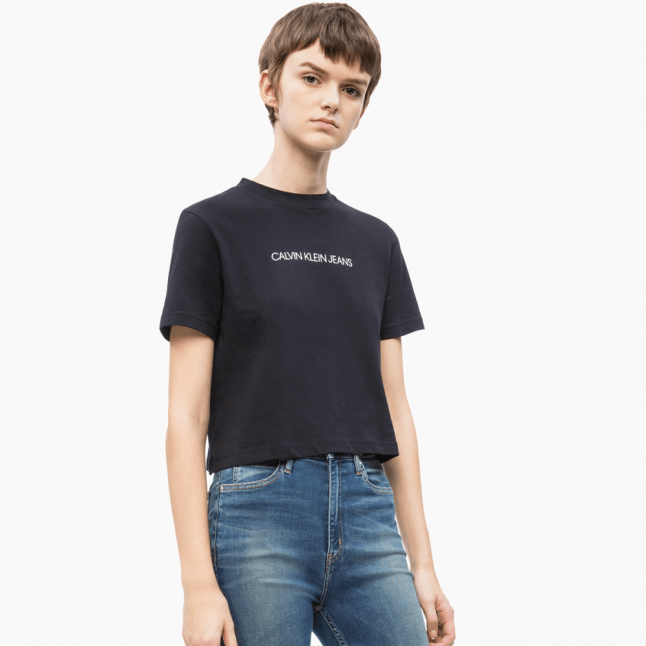 Womens CK Black Small Institutional Cropped S/s T Shirt