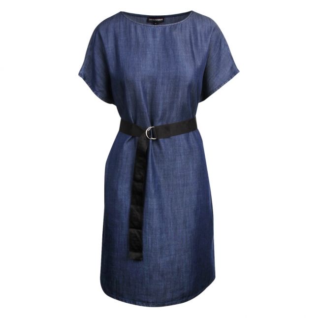 Womens Dark Blue Chambray Belted Dress