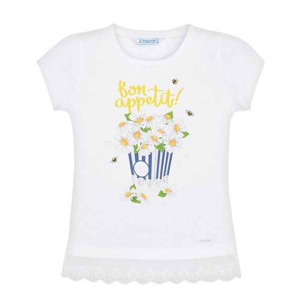 Girls White Daisy Popcorn S/s T Shirt