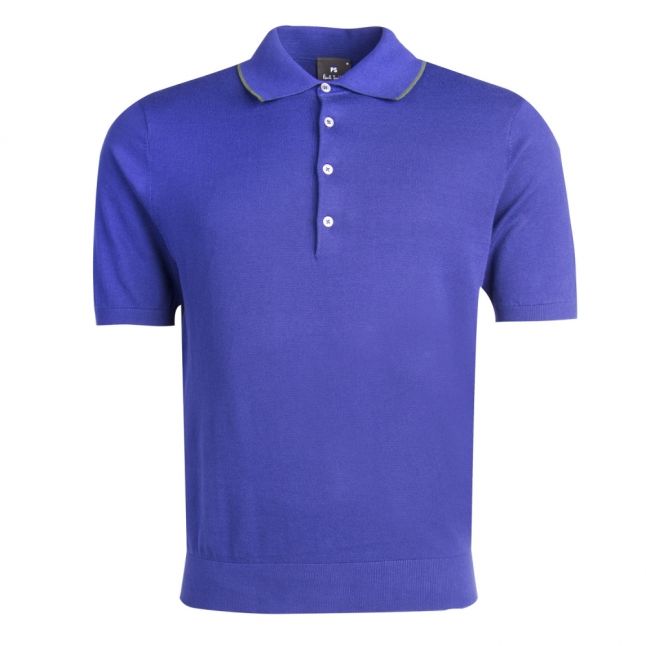 Mens Blue Knitted S/s Polo Shirt