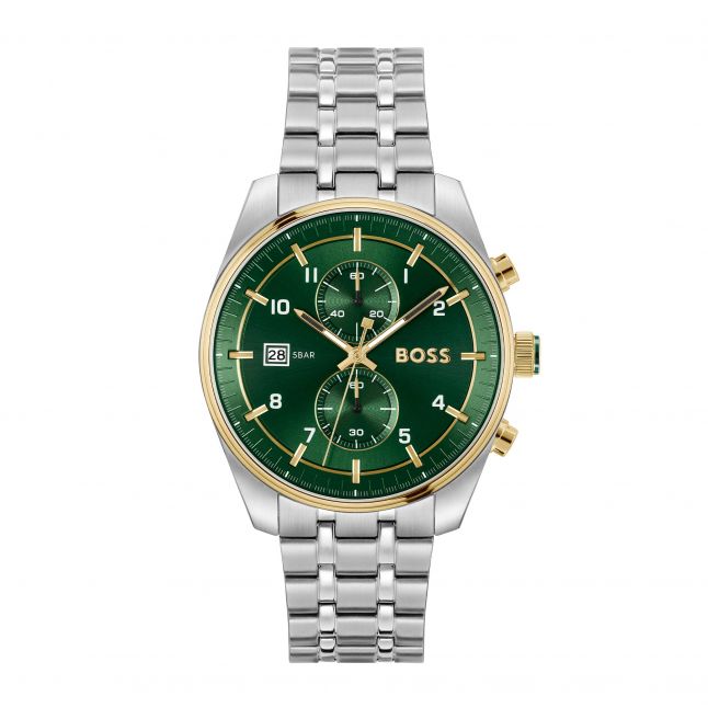 Mens Silver/Green/Gold Skytraveller Bracelet Watch