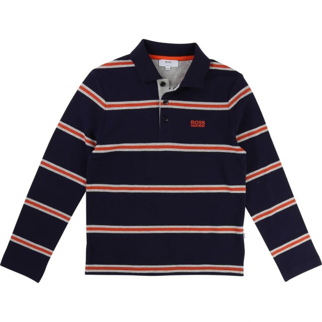 Boys Navy & Orange Striped L/s Polo Shirt