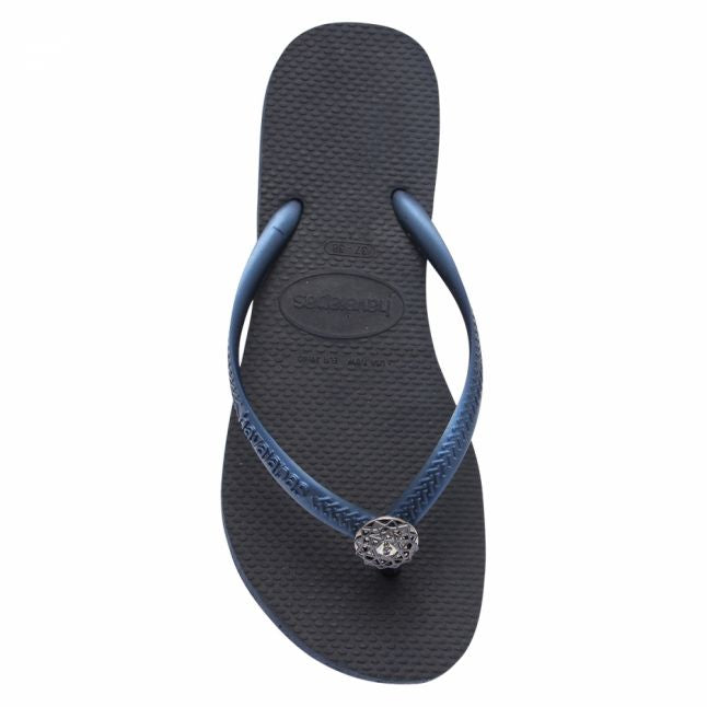 Womens Navy Blue Slim Crystal Poem Flip Flops