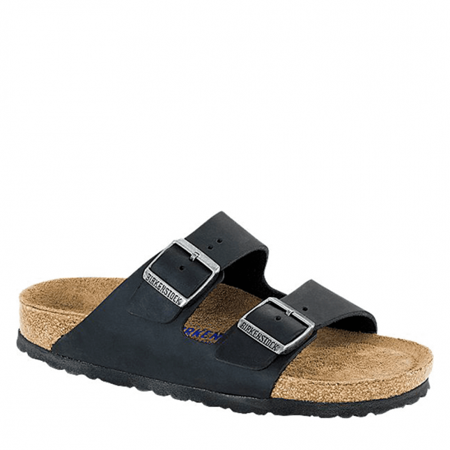 Womens Black Oiled Leather Arizona Regular Fit Slide Sandals