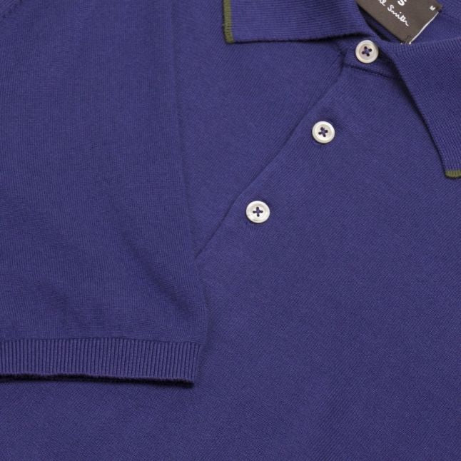 Mens Blue Knitted S/s Polo Shirt