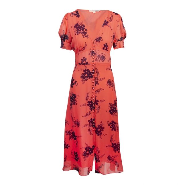 Womens Coral Peach Blooming Bouquet Print Midi Dress