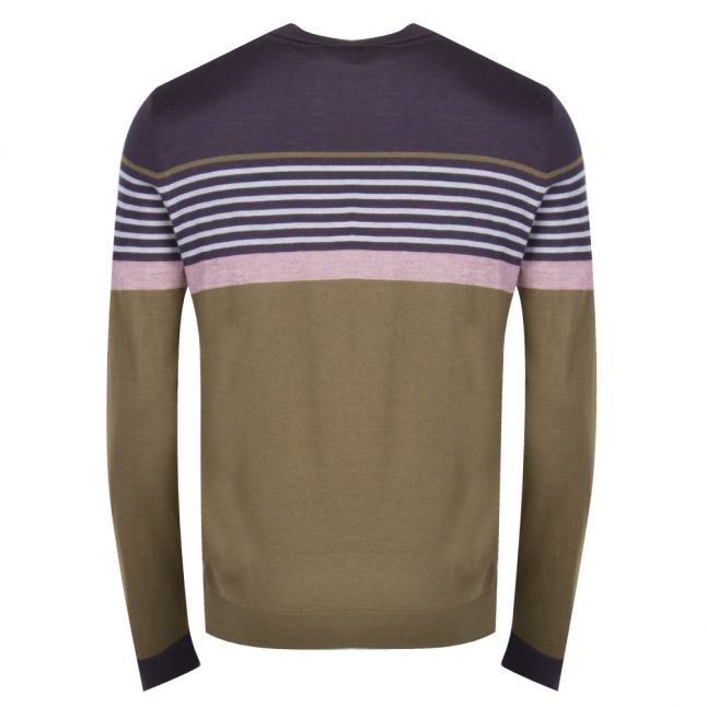 Mens Khaki Giantbu Stripe Crew Knitted Jumper